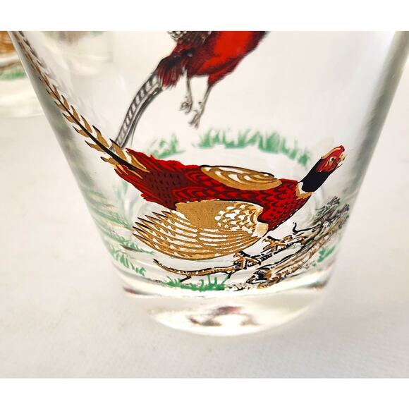 GLASSES/OLD FASHION/Vintage Pheasant-MCM-Hunting Barware-Red Gold-Set of 4 - Picture 6 of 14